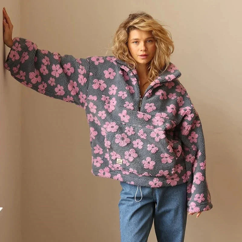 Fleece Trui Dames met Rits en Bloemenprint in Roze, productfoto