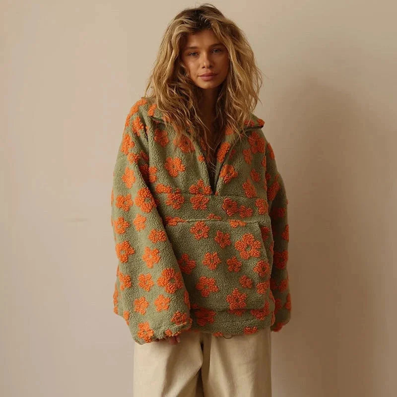 Fleece Trui Dames met Rits en Bloemenprint in Oranje, productfoto