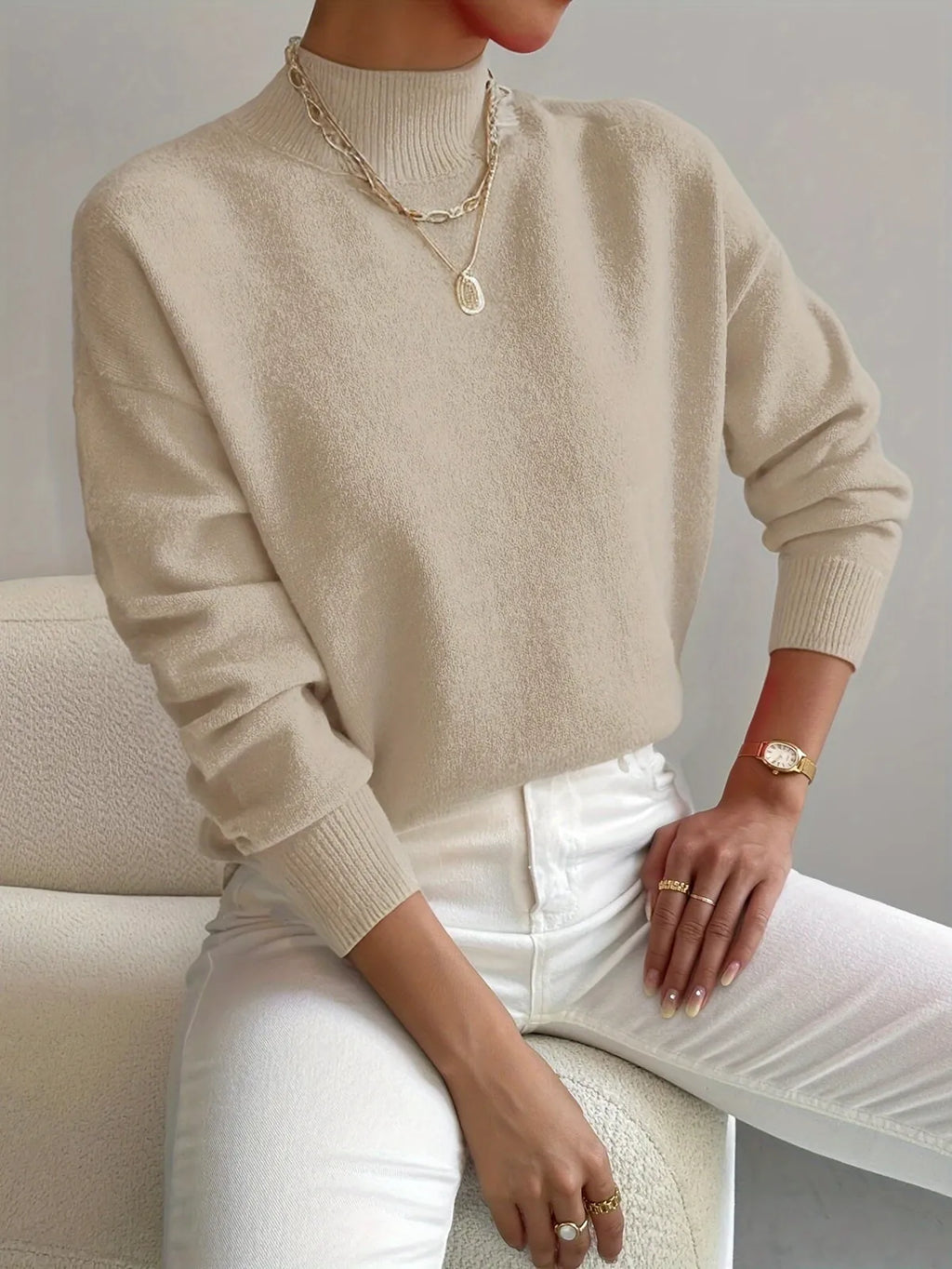 Trui Dames met Halfhoge Col in Beige, productfoto