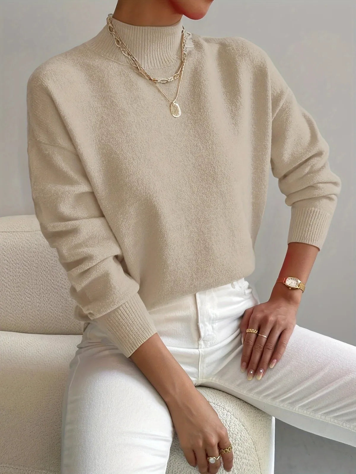 Trui Dames met Halfhoge Col in Beige, productfoto