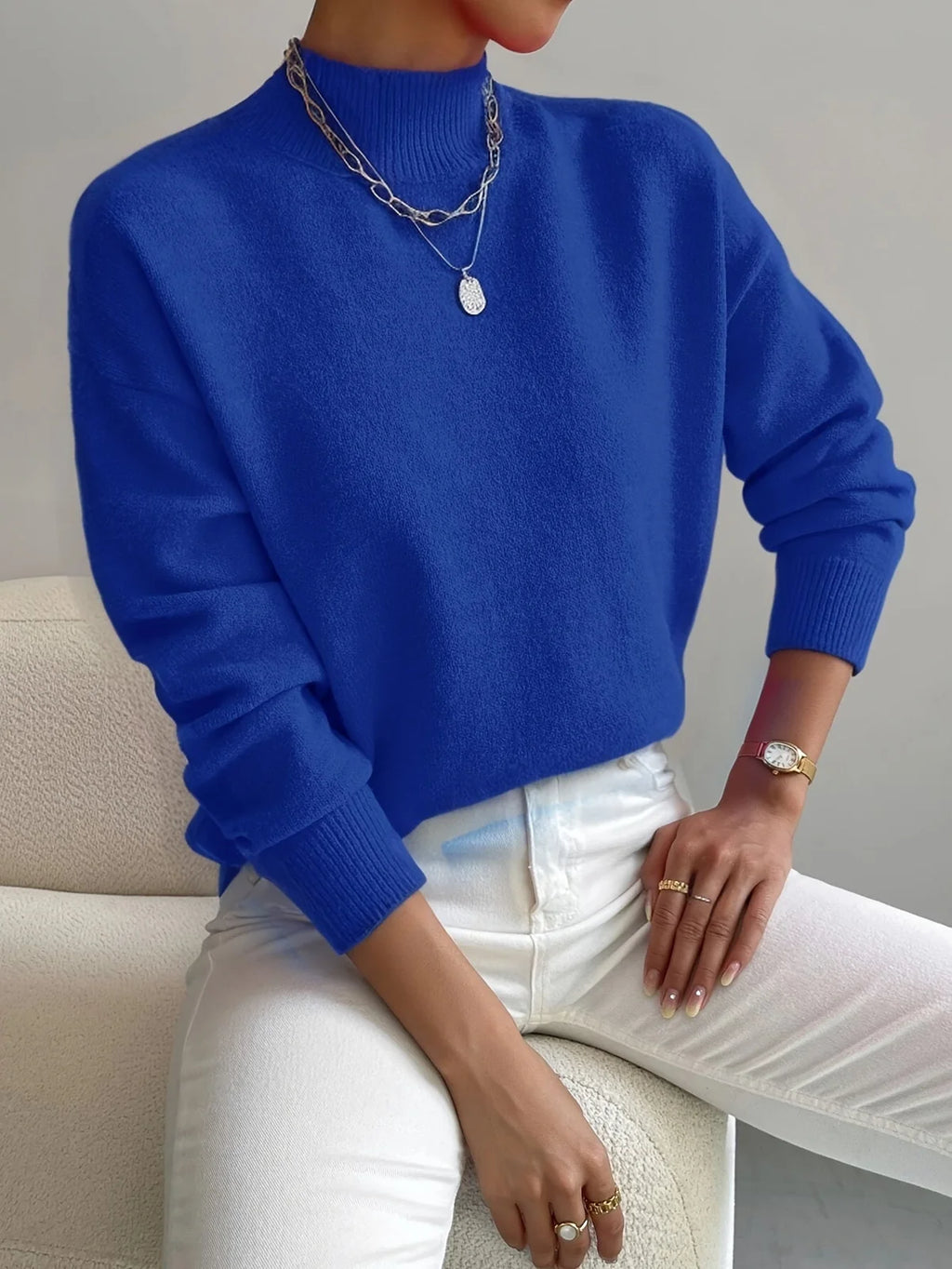 Trui Dames met Halfhoge Col in Blauw, productfoto