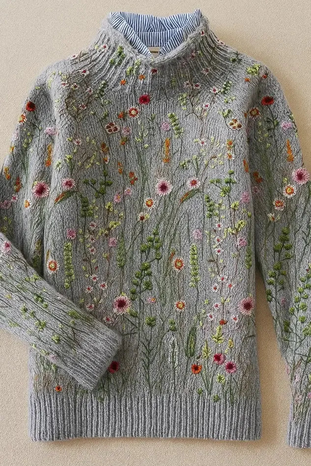 Geborduurde Coltrui Dames met Bloemen in Grijs, gedragen door model, vooraanzicht