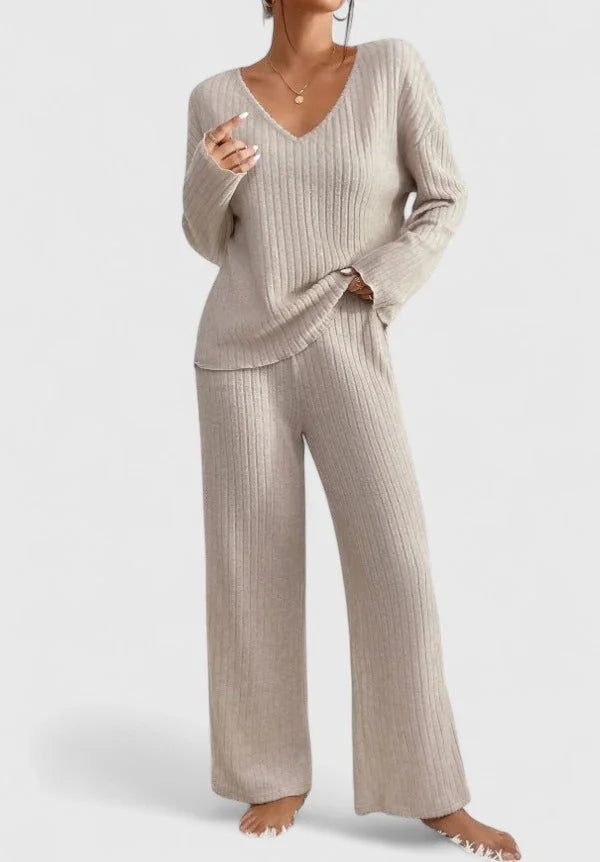 Geribde Loungeset Dames met Wijde Broek in Beige, productfoto