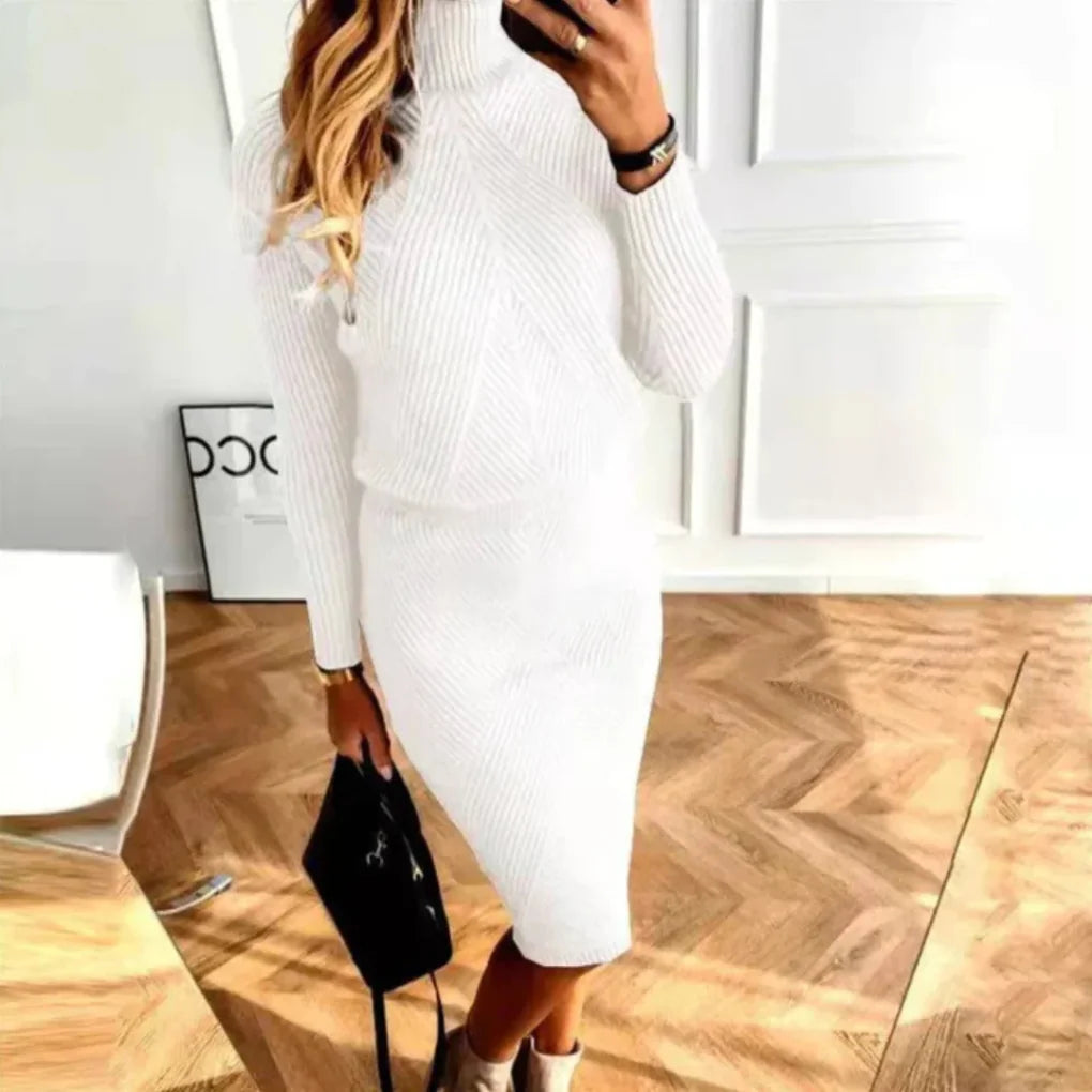 Gebreide Set Dames met Coltrui en Rok in Wit, productfoto