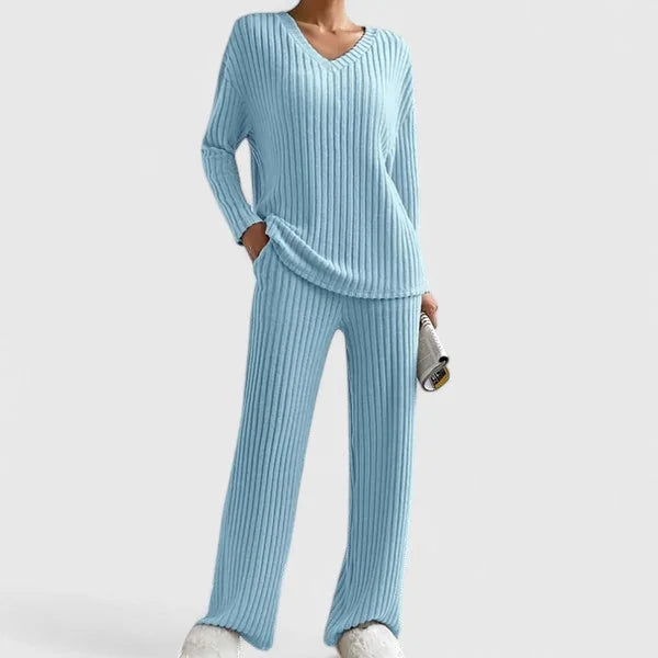 Geribde Loungeset Dames met Wijde Broek in Hemelsblauw, productfoto