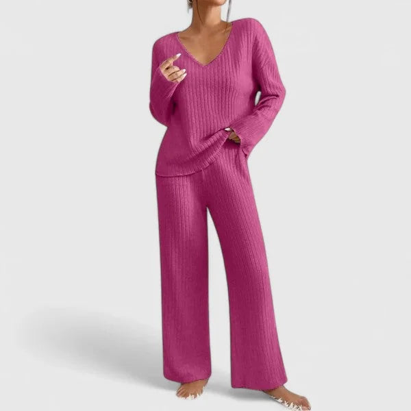 Geribde Loungeset Dames met Wijde Broek in Fuchsia, productfoto