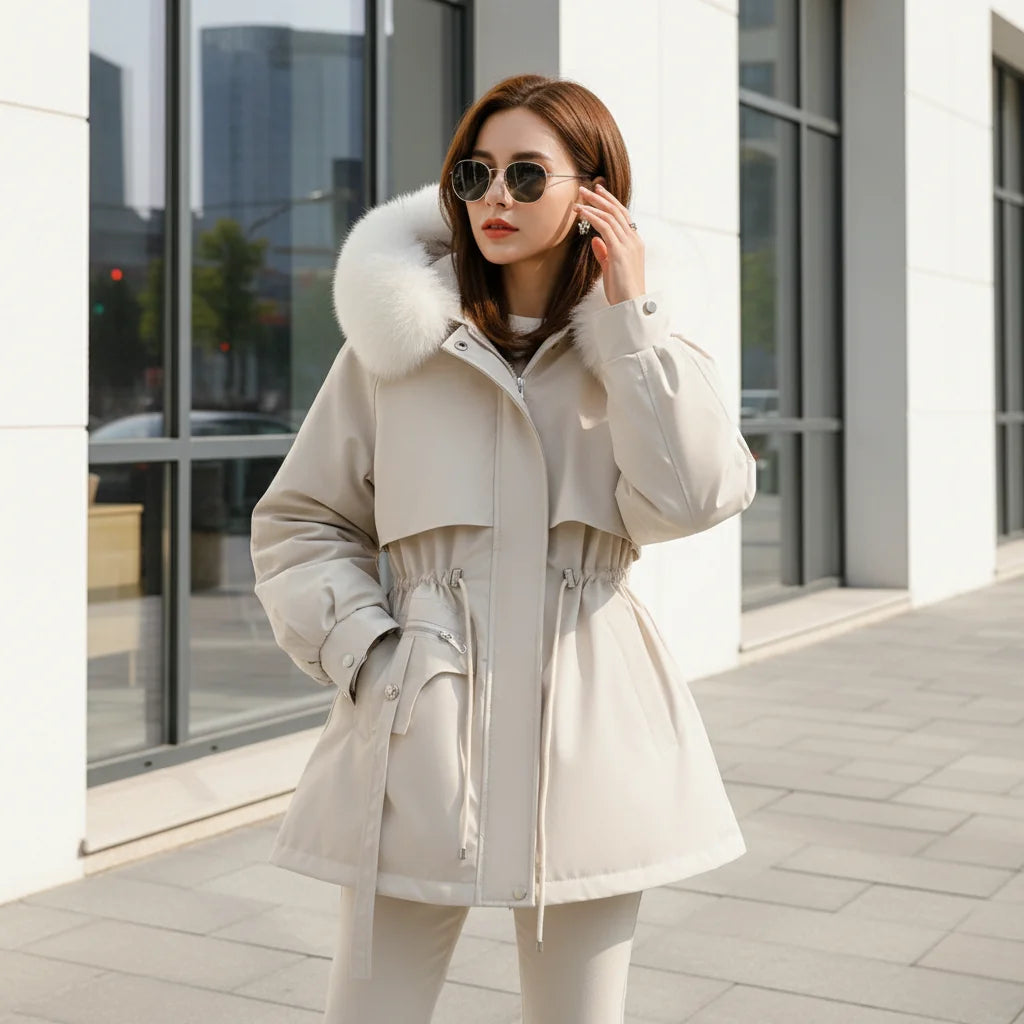 Parka Winterjas Dames met Capuchon in Beige, gedragen door model, vooraanzicht