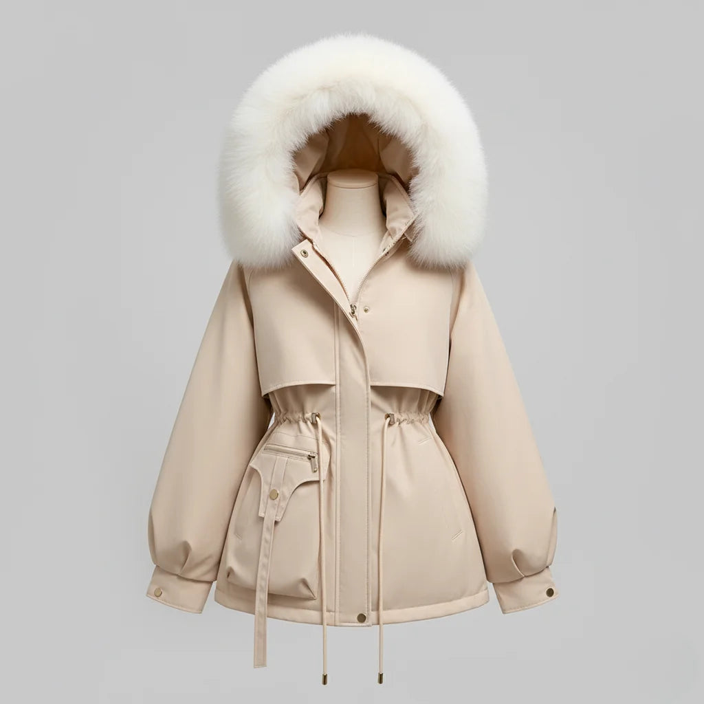 Parka Winterjas Dames met Capuchon in Beige, gedragen door model, zijaanzicht