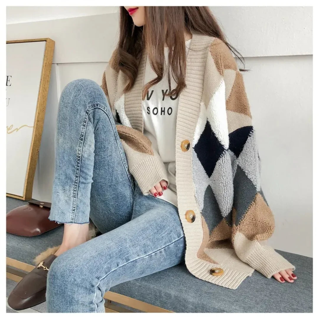 Oversized Vest Dames met Ruitpatroon in Crème, productfoto