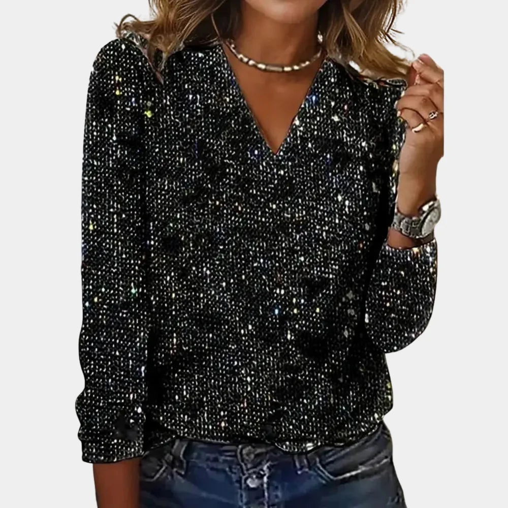 Glitter Top Dames met V-Hals in Zwart, productfoto