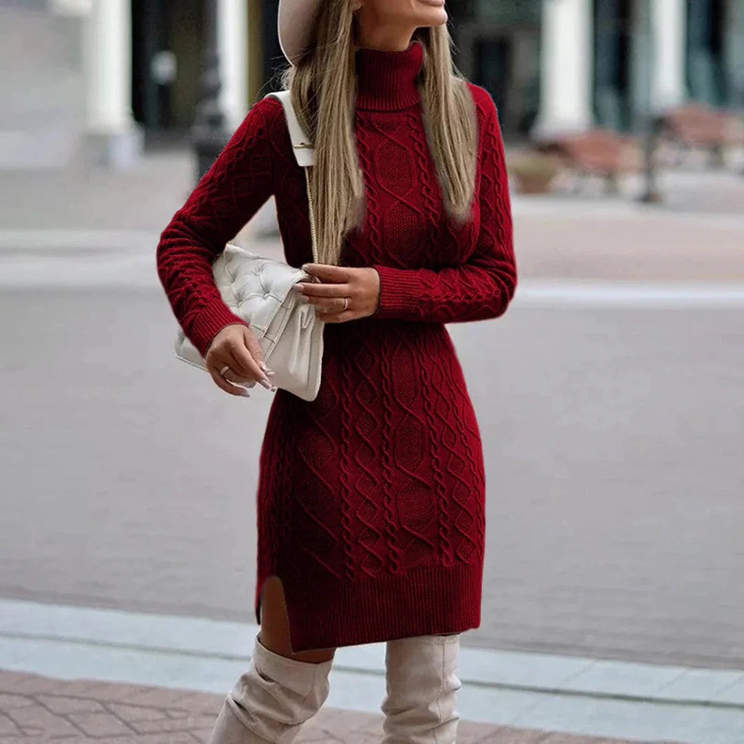 Gebreide Jurk Dames met Col en Kabelpatroon in Bordeaux, productfoto