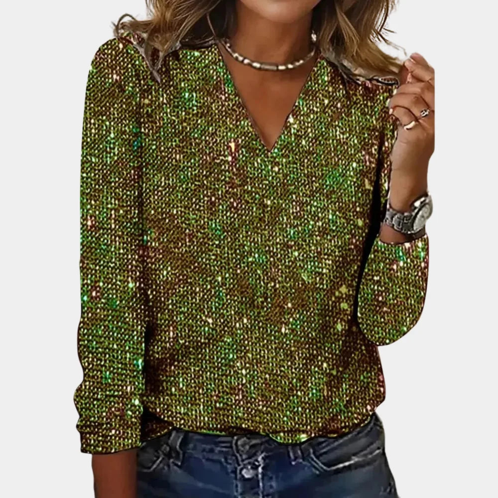 Glitter Top Dames met V-Hals in Groen, productfoto
