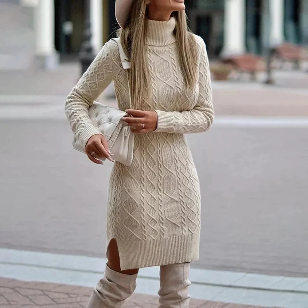 Gebreide Jurk Dames met Col en Kabelpatroon in Beige, productfoto