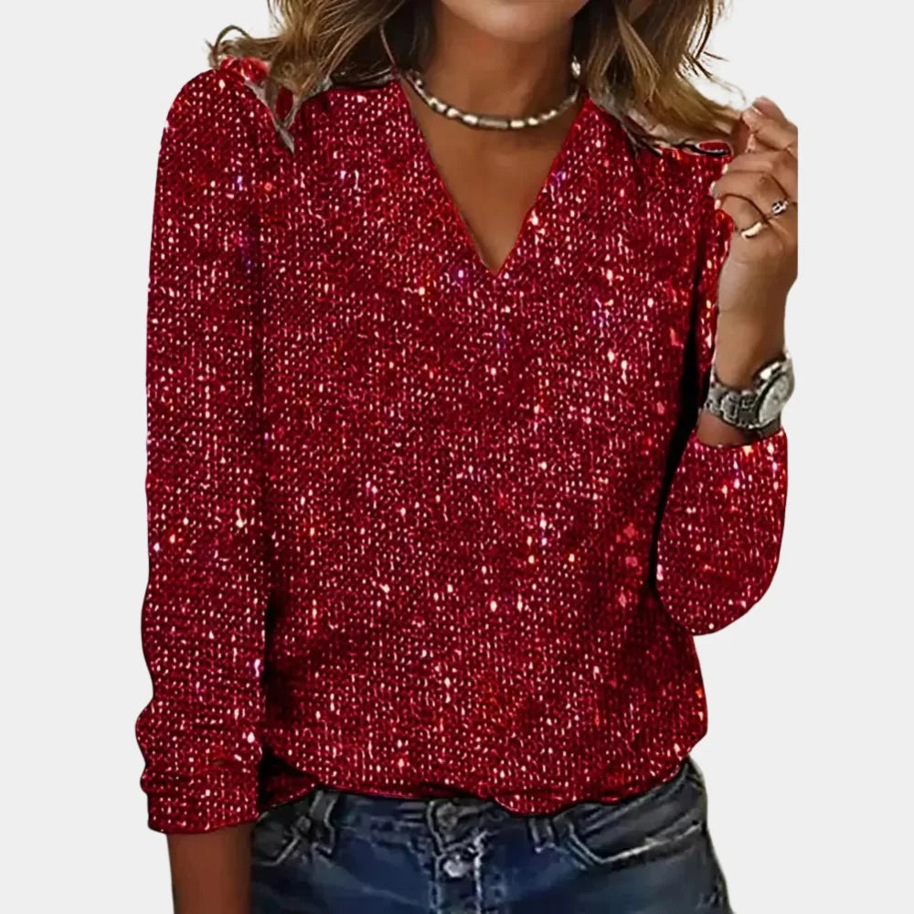 Glitter Top Dames met V-Hals in Rood, productfoto
