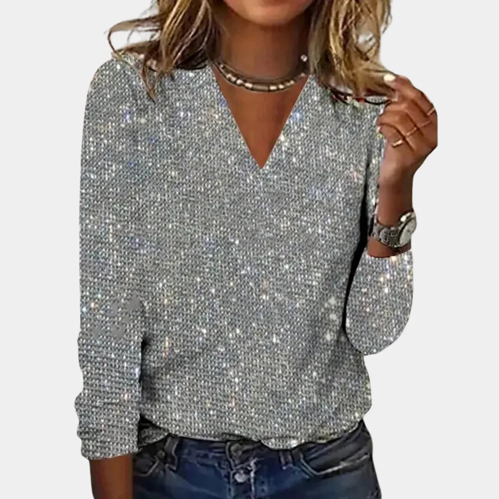 Glitter Top Dames met V-Hals in Zilver, productfoto