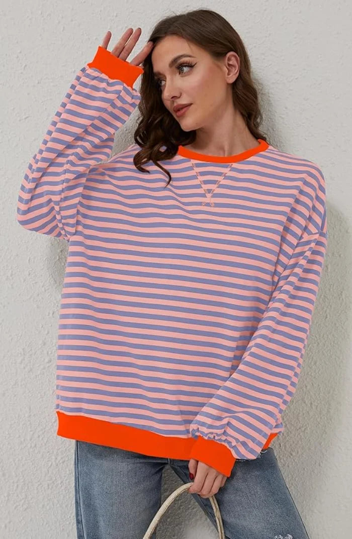 Gestreepte Trui Dames Oversized in Roze-Blauw, productfoto