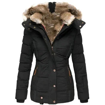 Getailleerde Gewatteerde Winterjas Dames met Capuchon in Zwart, productfoto