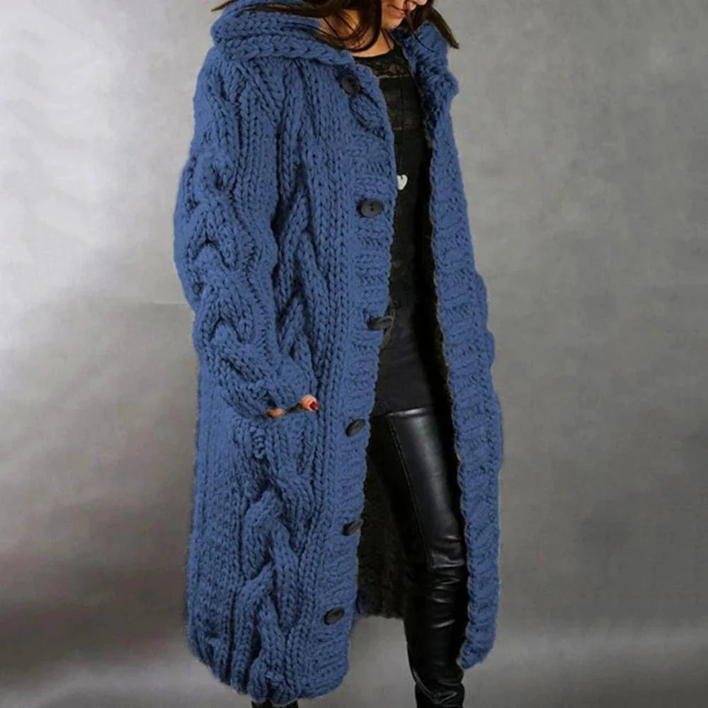 Lang Kabelgebreid Vest Dames met Capuchon in Blauw, productfoto
