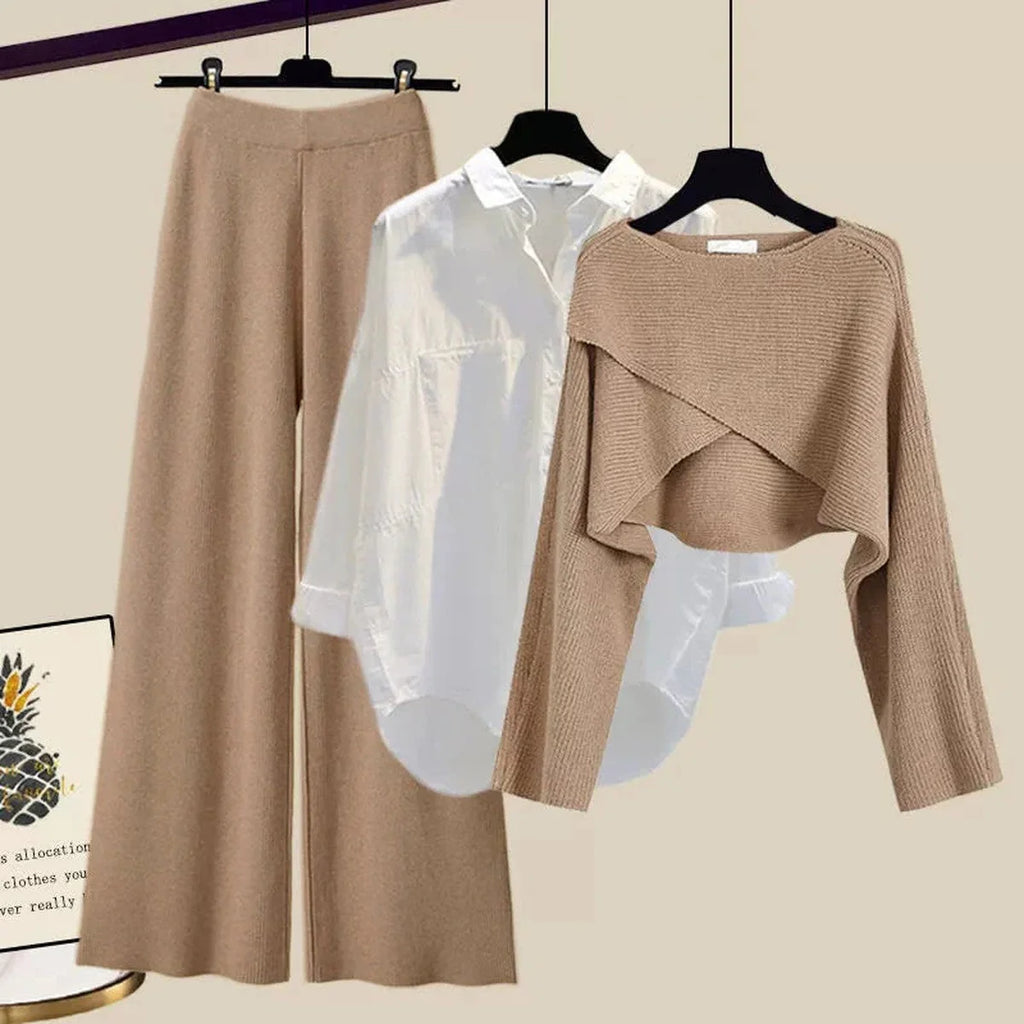 Driedelige Gebreide Set Dames met Blouse en Wijde Broek in Bruin, productfoto