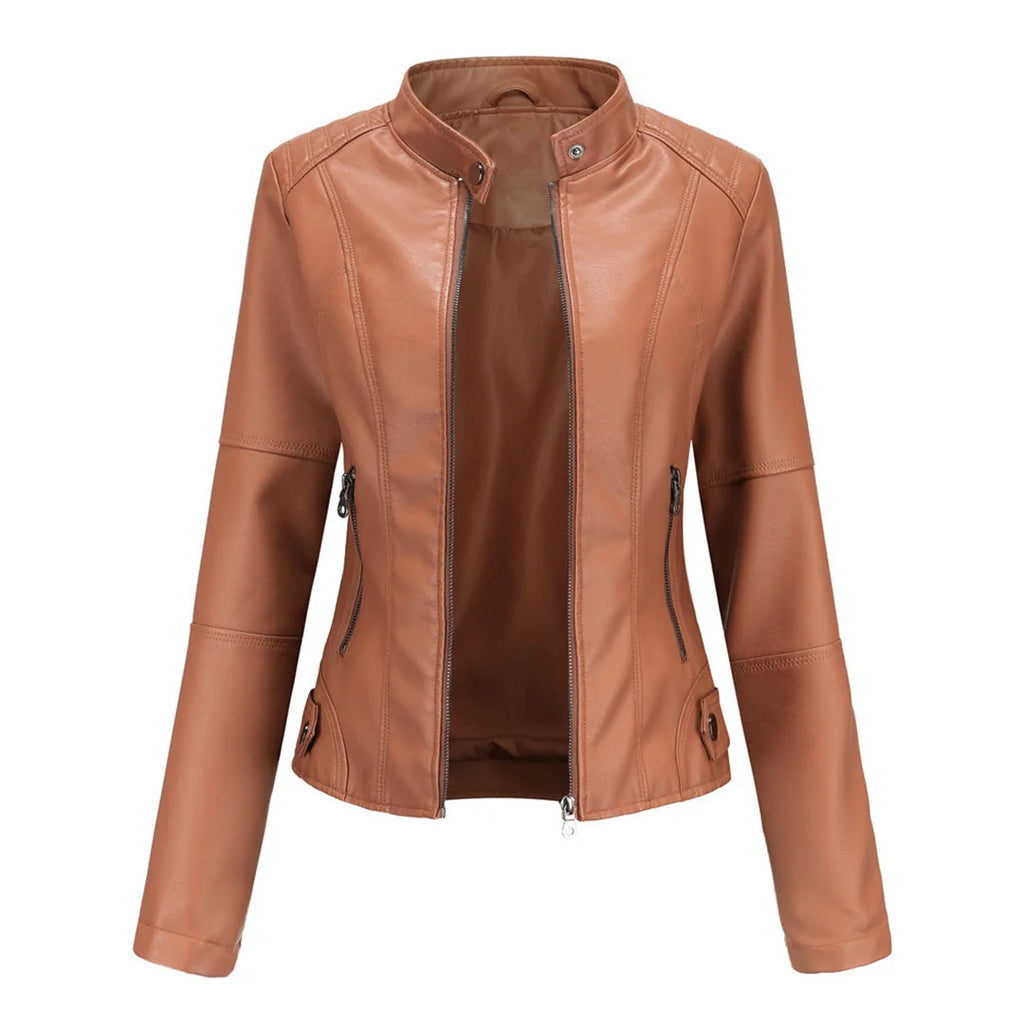 Imitatieleren Jas Dames Biker met Ritsen in Camel, productfoto