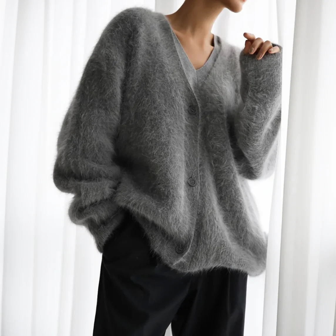 Pluizig Oversized Vest Dames in Donkergrijs, productfoto