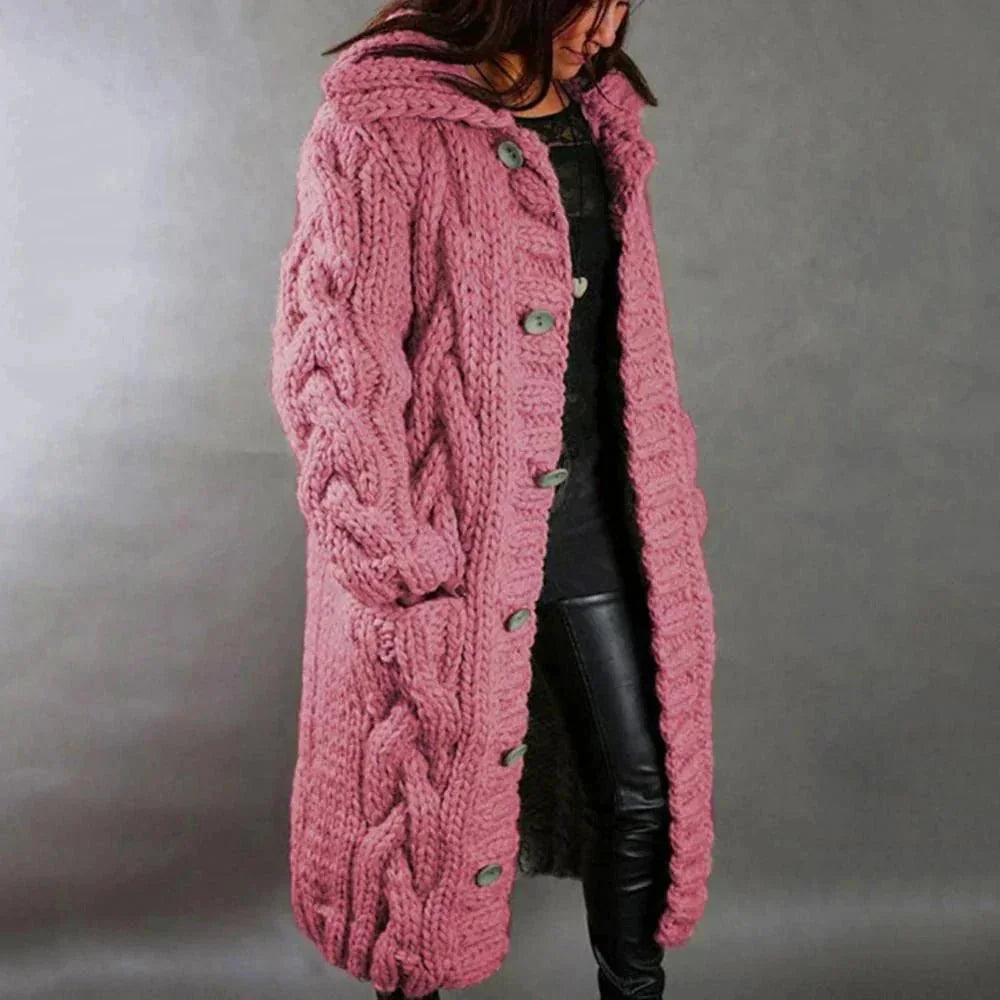 Lang Kabelgebreid Vest Dames met Capuchon in Roze, productfoto