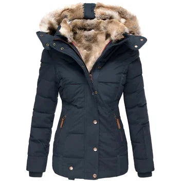 Getailleerde Gewatteerde Winterjas Dames met Capuchon in Blauw, productfoto