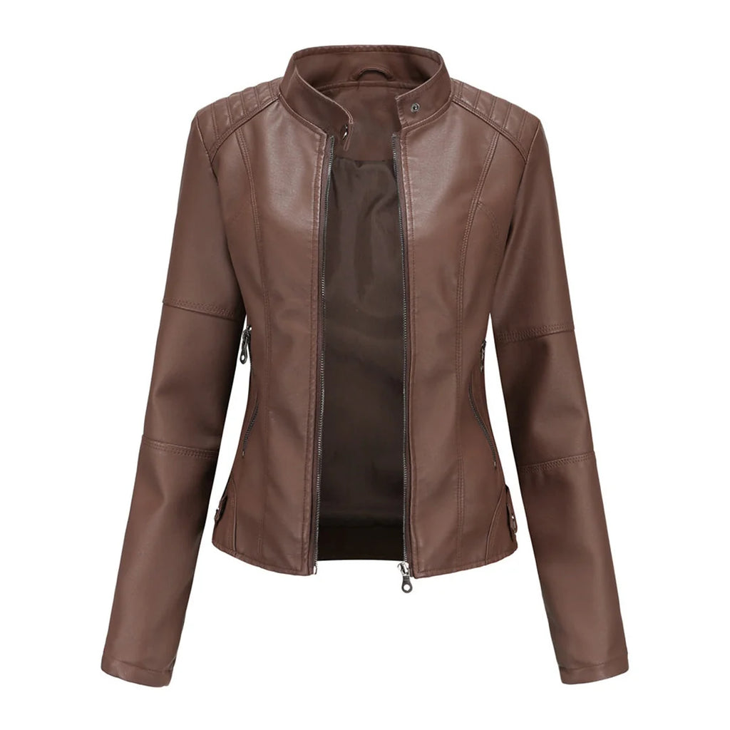Imitatieleren Jas Dames Biker met Ritsen in Koffie, productfoto