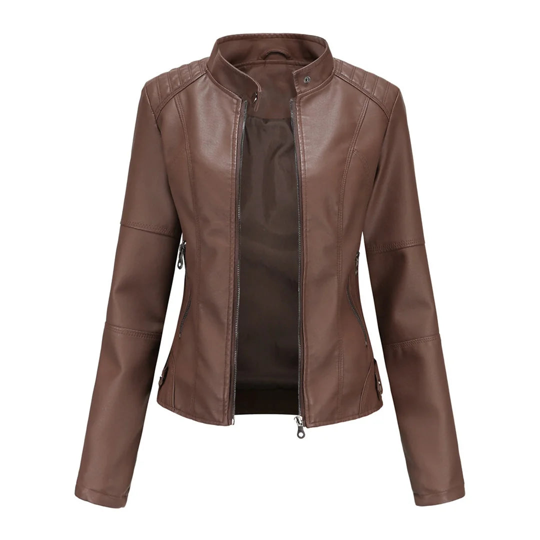 Imitatieleren Jas Dames Biker met Ritsen in Koffie, productfoto
