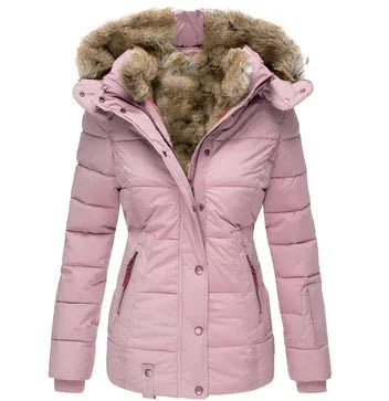 Getailleerde Gewatteerde Winterjas Dames met Capuchon in Roze, productfoto