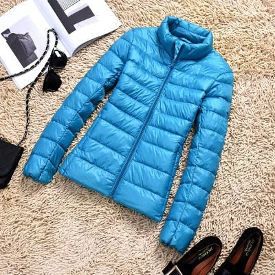 Korte Glanzende Winterjas Dames in Blauw, productfoto