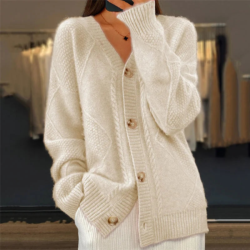 Kabelgebreid Vest Dames met V-Hals in Beige, productfoto