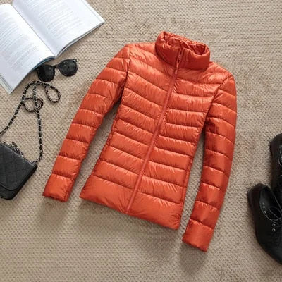 Korte Glanzende Winterjas Dames in Oranje, productfoto