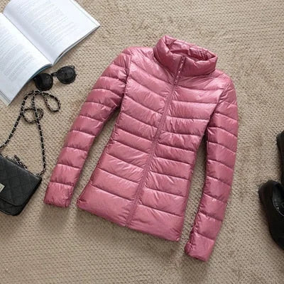 Korte Glanzende Winterjas Dames in Roze, productfoto