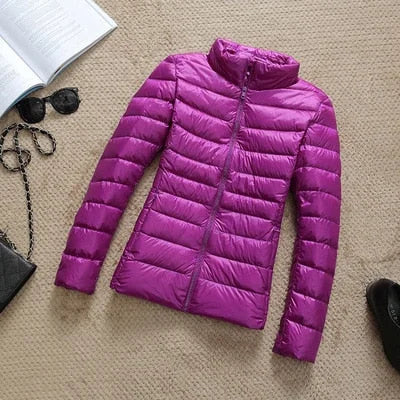 Korte Glanzende Winterjas Dames in Lila, productfoto