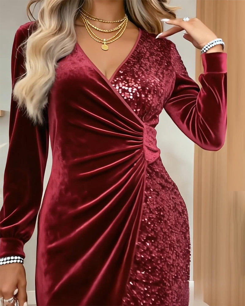 Pailletten Jurk Dames Velvet met Lange Mouwen in Rood, productfoto 10