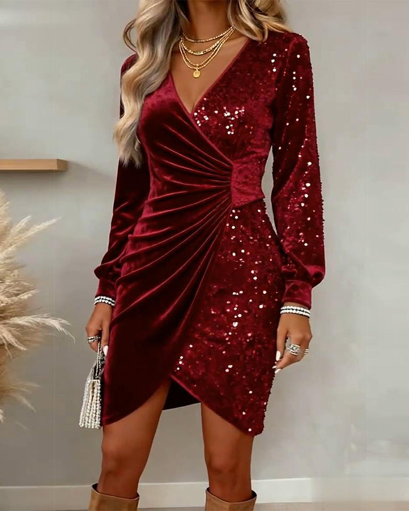 Pailletten Jurk Dames Velvet met Lange Mouwen in Rood, productfoto 11