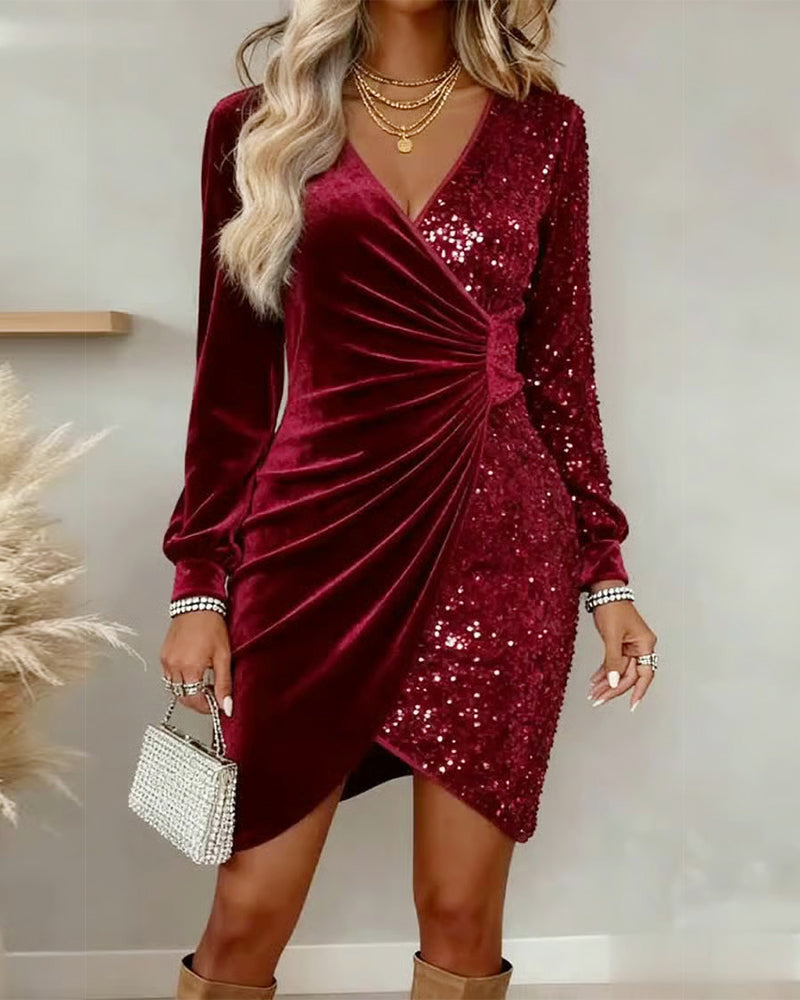 Pailletten Jurk Dames Velvet met Lange Mouwen in Rood, productfoto 2