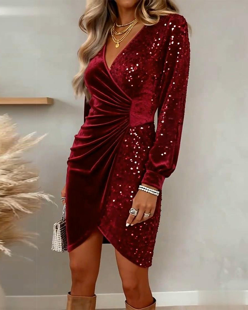 Pailletten Jurk Dames Velvet met Lange Mouwen in Rood, productfoto 6