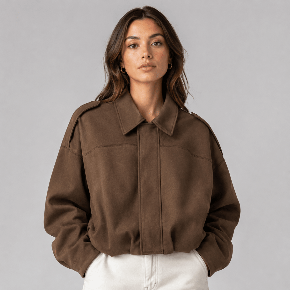 Suede Bomberjack Dames met Kraag in Bruin, productfoto 1