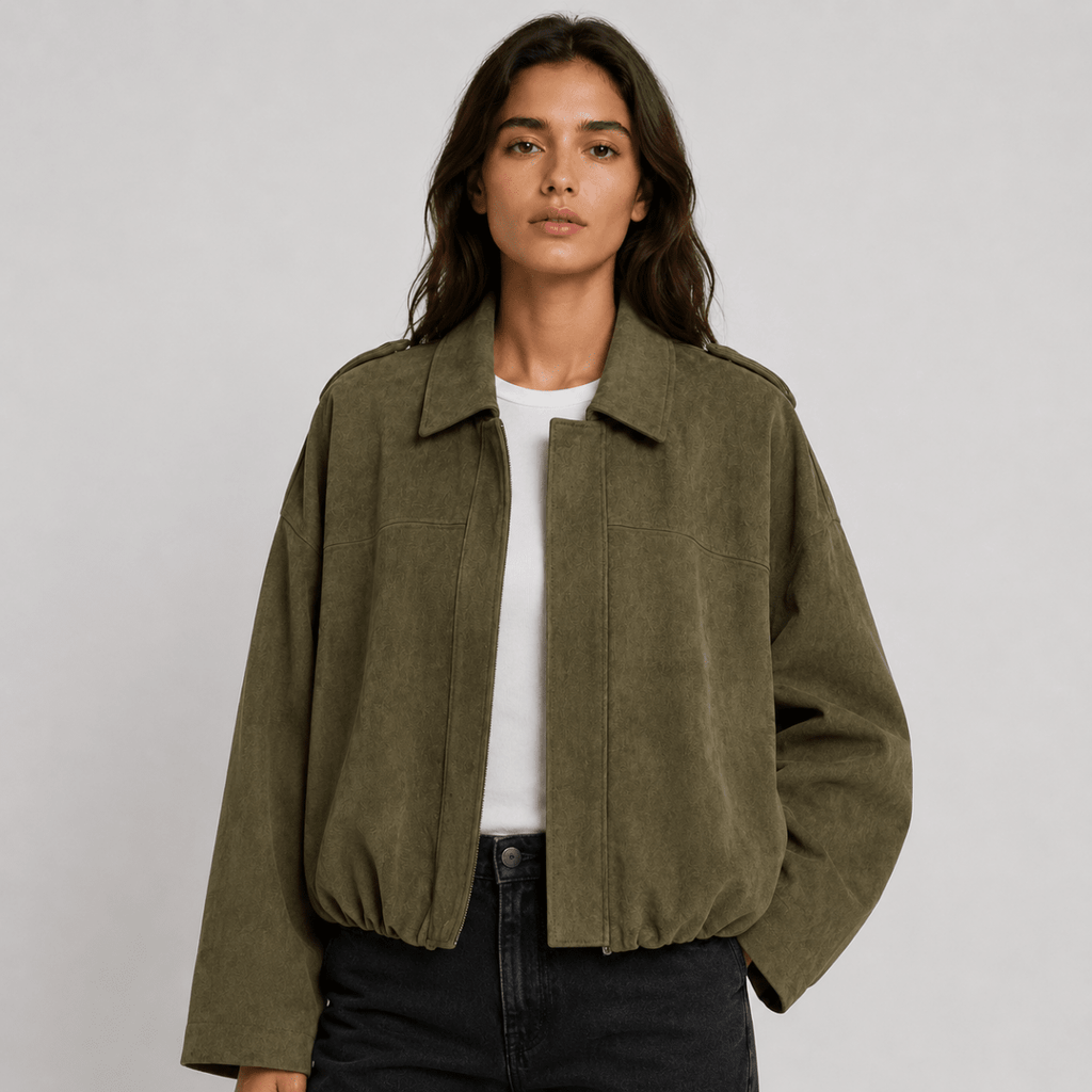 Suede Bomberjack Dames met Kraag in Groen, productfoto 4