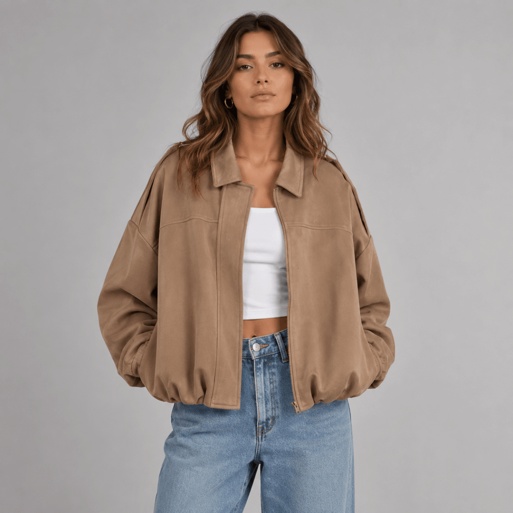 Suede Bomberjack Dames met Kraag in Khaki, productfoto 7
