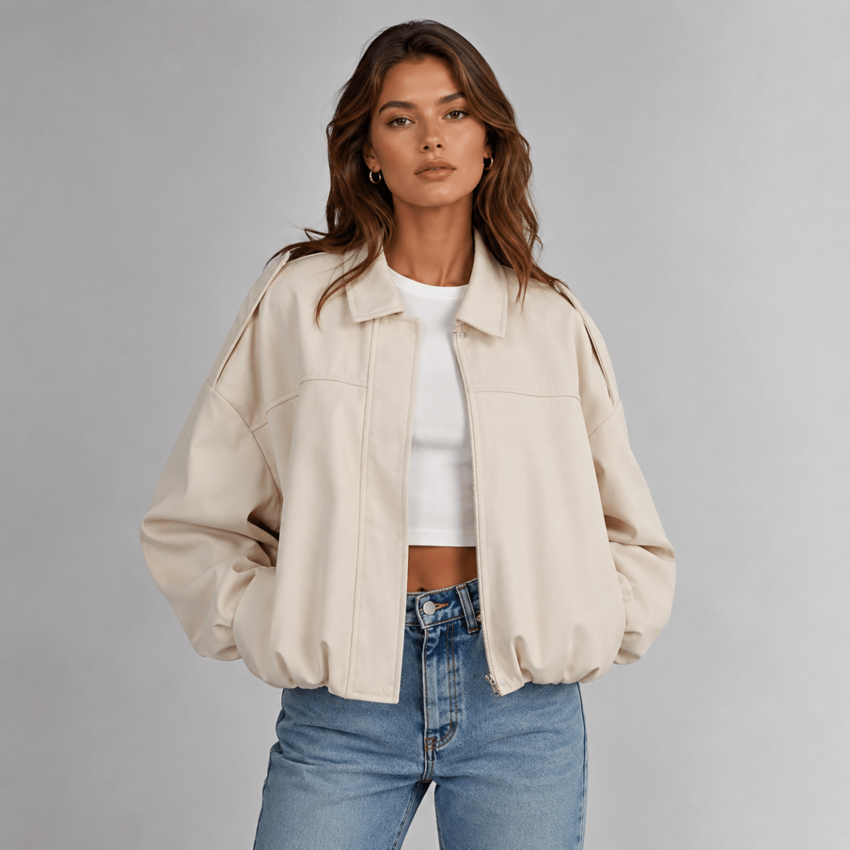 Suede Bomberjack Dames met Kraag in Wit, productfoto 9