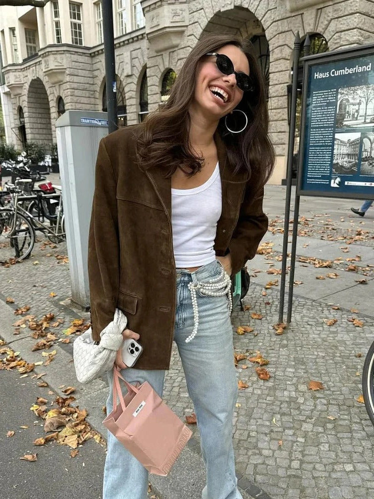 Suede Damesjas Bruin met Reverskraag - afbeelding 1