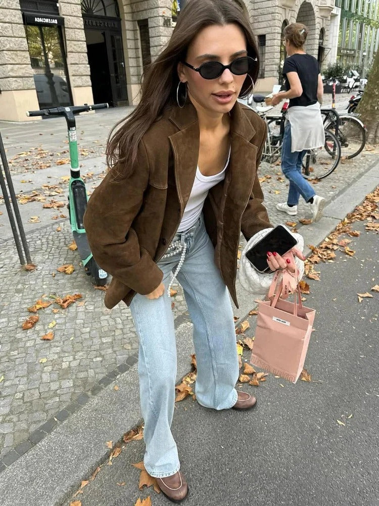 Suede Damesjas Bruin met Reverskraag - afbeelding 2