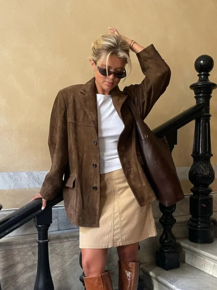 Suede Damesjas Bruin met Reverskraag - afbeelding 5