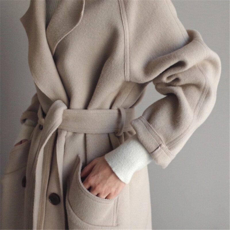 Wollen Winterjas Dames Lang met Knopen in Creme White, productfoto 2